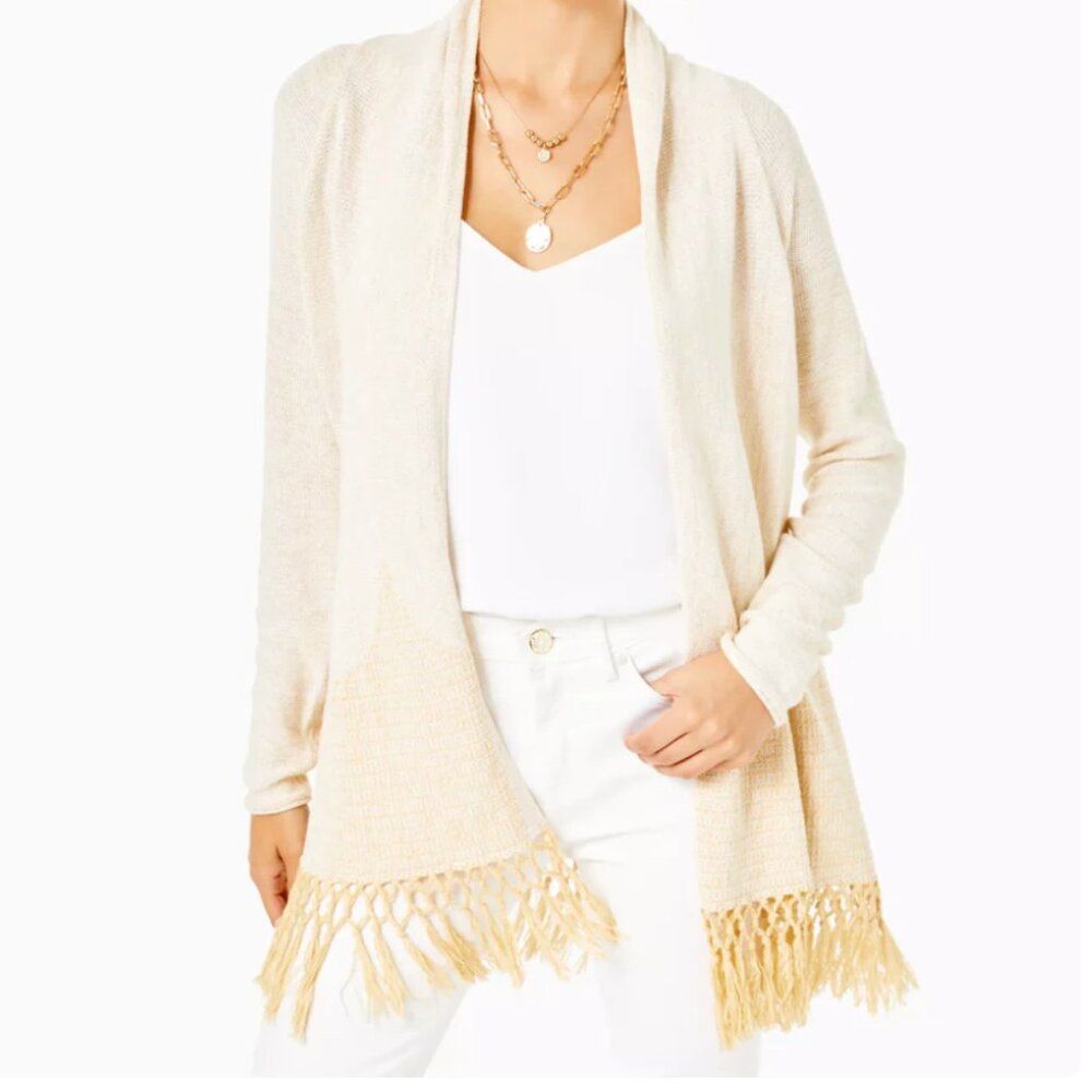 Lilly Pulitzer Tatum Cardigan Sweater Metallic Fringe Trim Size Large